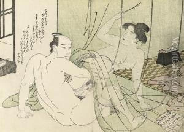 From An Untitled Series, Showing
 A Man And His Lover Under Mosquito Netting, While She Holds Incense To 
Repel The Insects, Circa 1786, Very Good Impression, Colour And 
Condition, A Centrefold; And Another Depicting A Long-haired Beauty 
Looking In  Oil Painting - Katsukawa Shuncho