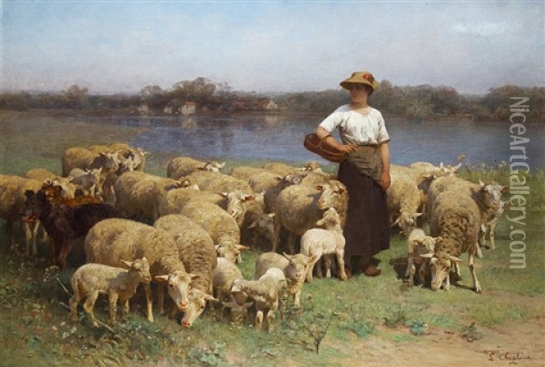 Shepherdess On The Shore Oil Painting - Luigi Chialiva