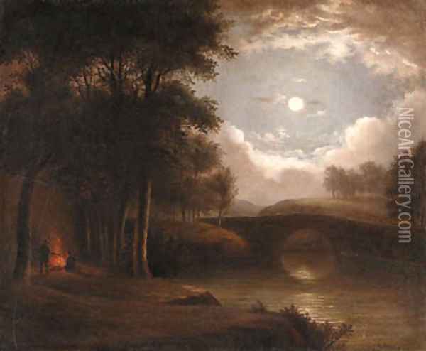 Moonlight Landscape with Campfire Oil Painting - Benjamin Champney
