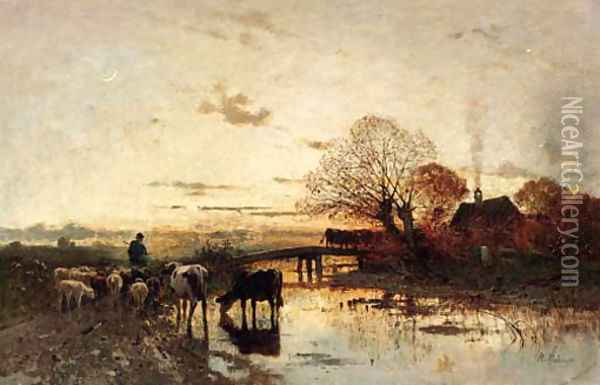 A shepherd with his herd at dusk Oil Painting - Richard Von Poschinger