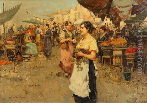 Italian Market Scene With Grape Seller Oil Painting - Giuseppe Pitto