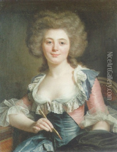 Portrait Of An Artist Holding A Stylus And Wearing A Blue Silk Gown With Coral Sleeves And Trimmings Oil Painting - Adelaide Labille-Guiard