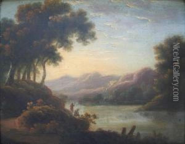 Extensive Lake Landscapes With Figures Oil Painting - John Rathbone