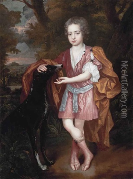 Portrait Of A Boy, Full-length, In Classical Dress, With A Greyhound, A Wooded Landscape Beyond Oil Painting - John Closterman