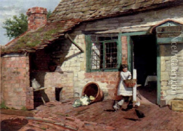 Girl In A Cottage Doorway Feeding Chickens Oil Painting - William Verplanck Birney