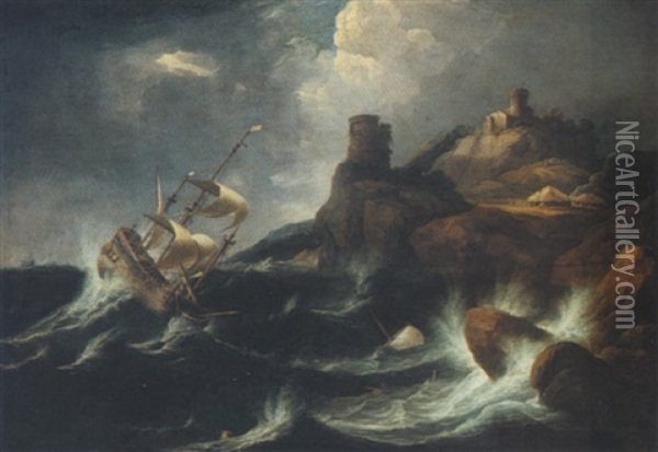 A Shipwreck Off A Rocky Coast Oil Painting - Pieter Mulier the Younger