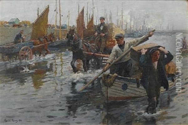 Unloading The Boats, Newlyn Harbour Oil Painting - Harold Harvey