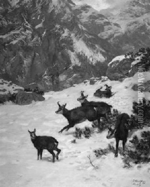 Gemsenjagd In Winterlicher Gebirgslandschaft Oil Painting - Josef Schmitzberger