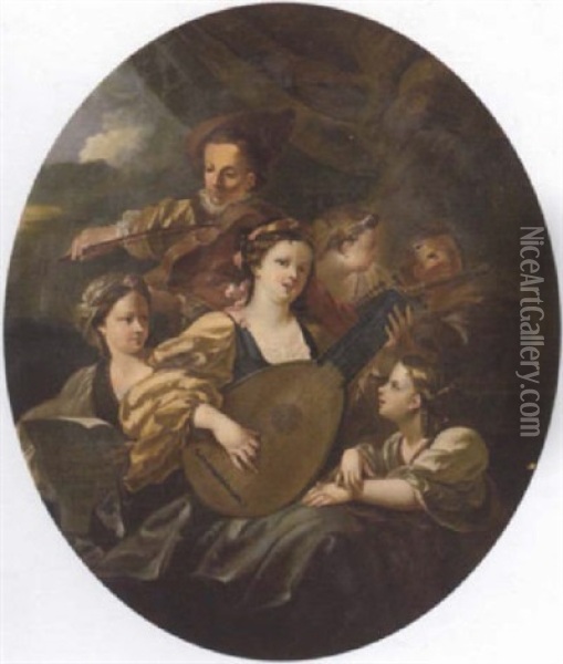 Elegant Figures Making Music Oil Painting - Jacques-Francois Courtin