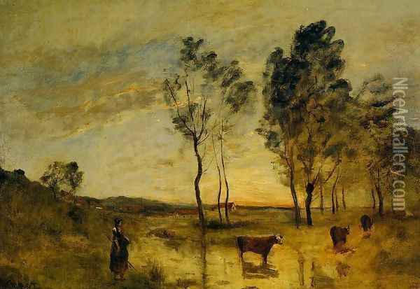 Le Gue (aka Cows on the Banks of the Gue) 1870-1875 Oil Painting - Jean-Baptiste-Camille Corot