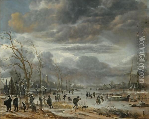 A Winter Lanscape With Figures Battling Across A Frozen River In A Snowstorm, A Post Mill To The Right Oil Painting - Aert van der Neer