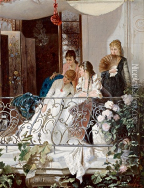 Junge Damengesellschaft Am Balkon Oil Painting - Josef Gisela