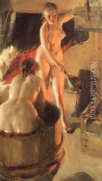 Badande kullor i bastun (Women bathing in the sauna) Oil Painting - Anders Zorn