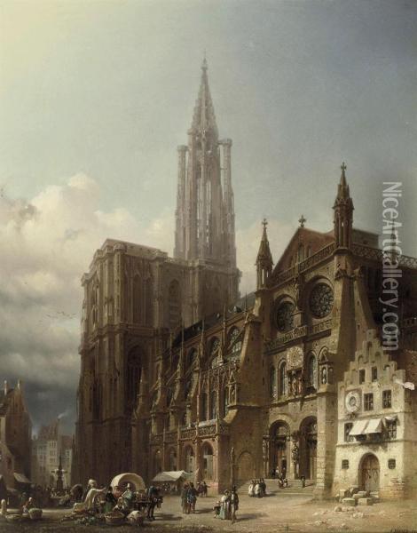 Marketday On The Square In Front Of The Cathedral Ofstrasbourg Oil Painting - Friedrich Eibner