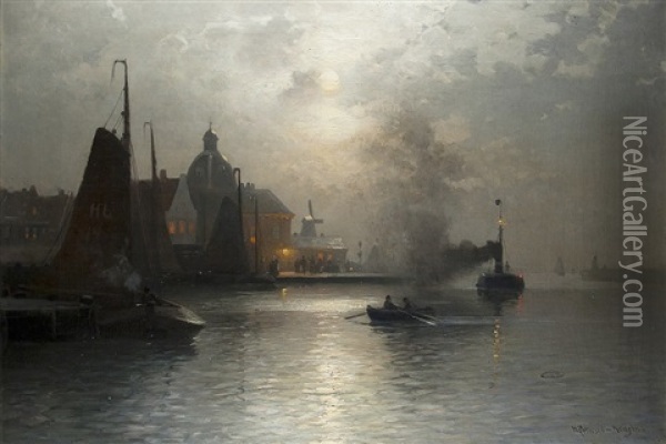 Einfahrt In Den Hafen Von Harlingen (mondschein) Oil Painting - Heinrich Petersen-Angeln