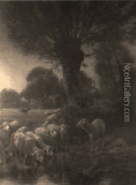 Pastoral Scene With Sheep Watering, Shepherd And Collie Looking On Oil Painting - Charles H. Clair