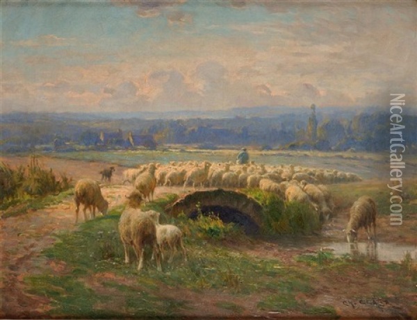 Berger Et Ses Moutons Dans Un Paysage Oil Painting - Charles H. Clair