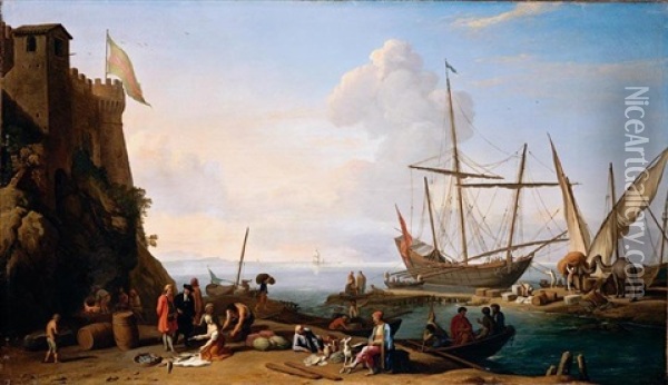 Mediterranean Harbour Scene With Merchants Selling Their Wares On The Quay Oil Painting - Adrien Manglard