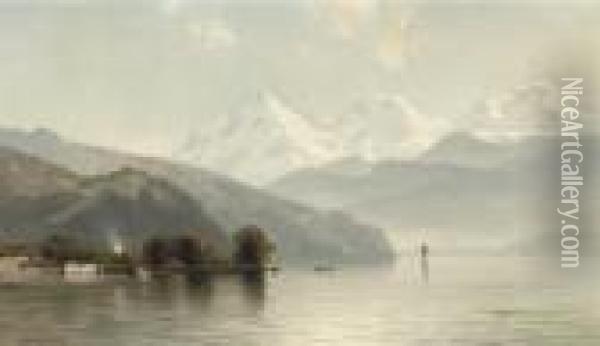 A Quiet Day On The Lake With Snowy Mountains Beyond Oil Painting - Mauritz F. H. de Haas