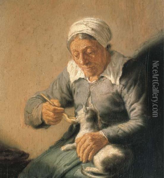 An Old Peasant Woman Feeding A Cat Milk Oil Painting - Rembrandt Van Rijn