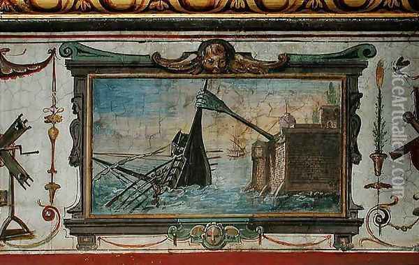 An device that allowed Archimedes (c.287-12 BC) to drag a ship ashore, Stanza della Mattematica, 1587-1609 Oil Painting - Giulio Parigi