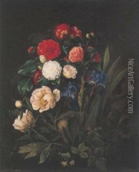 Still Life Of Irises, Wild Roses And Ranunculus Oil Painting - Hermania Sigvardine Neergard
