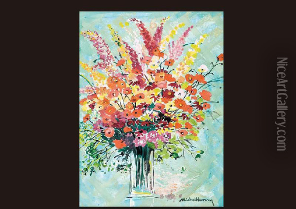 Bouquet In Emerald Check Oil Painting - Henri Michel-Levy
