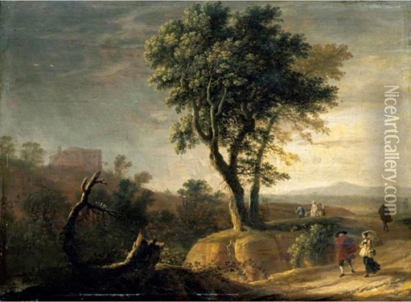 An Italianate Landscape With Travellers On A Path Oil Painting - Herman Van Swanevelt