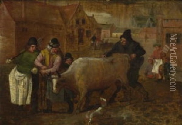Bauern Mit Einem Ochsen Auf Der Dorfstrase Oil Painting - Abel Grimmer