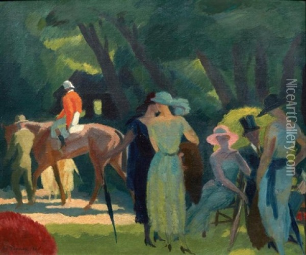Elegantes Au Paddock, 1921 Oil Painting - Maurice Taquoy
