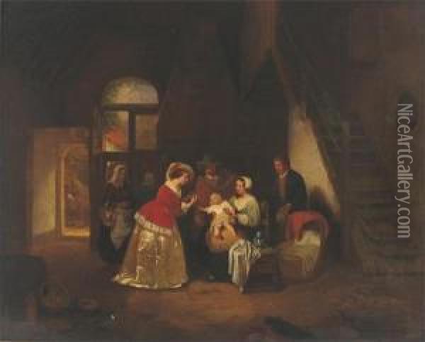 A Cottage Interior With A Family Receiving Visitors Oil Painting - Willem Linnig