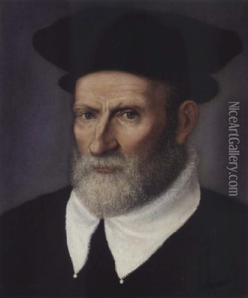 Portrait Of A Scholar In A Black Hat And Gown And White Collar Oil Painting - Giovanni Battista Moroni