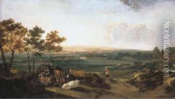 An Extensive Landscape With An Elegant Company Resting, A Countrymansion In The Distance Oil Painting - Anthonie Van Borssom