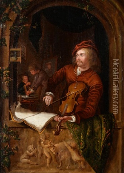 Gentleman Playing A Violin In A Casement Window Oil Painting - Gerrit Dou