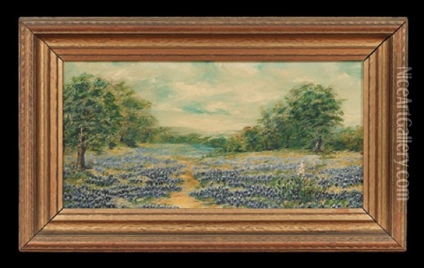 Texas Landscape With Bluebonnets Oil Painting - James C. Magee