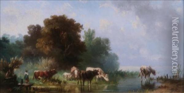 Cattle Watering Oil Painting - Albert Jurardus van Prooijen