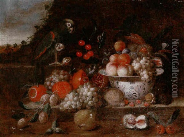 Still Life Of Peaches, Grapes, Oranges, Cherries And Pears In A Blue And White Bowl, Upon A Ledge, With A Parrot Oil Painting - Jan Pauwel Gillemans The Elder