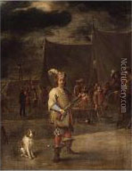 A Military Encampment With A Soldier And Dog Before Tents Oil Painting - Lambert de Hondt