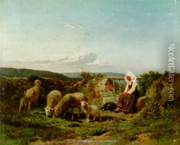 Shepherdess With Her Flock Oil Painting - Felix Saturnin Brissot de Warville