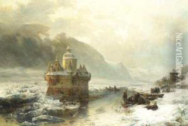 Die Pfalz Bei Kaub Im Winter Oil Painting - Carl Hilgers