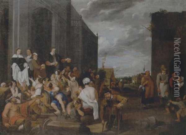 A Lady And Gentleman Distributing Alms To The Poor Oil Painting - Matheus van Helmont