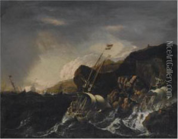Shipping In A Heavy Storm Along A
 Rocky Coast, A Shipwreck Inthe Foreground, Figures Coming To The Rescue
 On The Shore Oil Painting - Matthieu Van Plattenberg