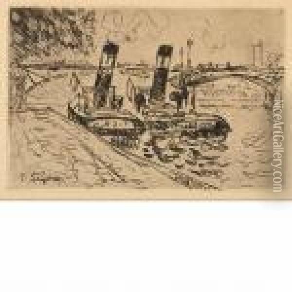 Paris: Le Pont Des Arts Avec Remorquers Oil Painting - Paul Signac