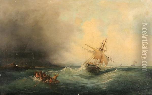Boats In A Stormy Sea Oil Painting - Francois Pierre Barry