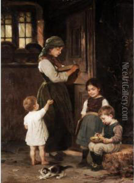 Junge Frau Mit Drei Kleinen Kindern Oil Painting - Hugo Oehmichen