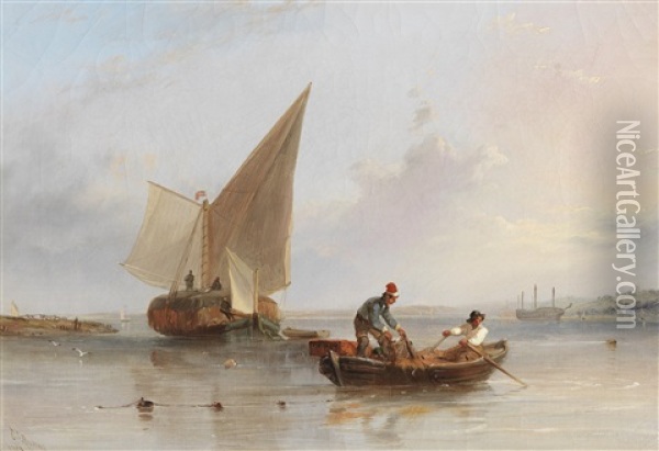 A Lazy Afternoon On An Estuary, With A Heavily-laden Hay Barge Trying To Catch The Breeze And Some Old Hulks Laid-up Beyond Oil Painting - Thomas Sewell Robins