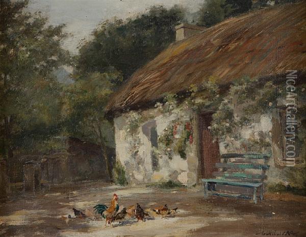 Hens By A Cottage Oil Painting - Archibald Kay