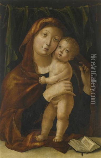 Madonna And Child, Before A Green Curtain With An Open Book Oil Painting - Liberale Da Verona