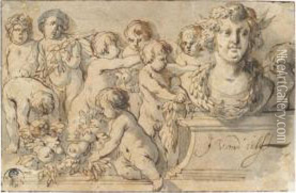 Putti Decorating A Portrait Bust On A Plinth With Garland Oil Painting - Jacob Van Der Ulft