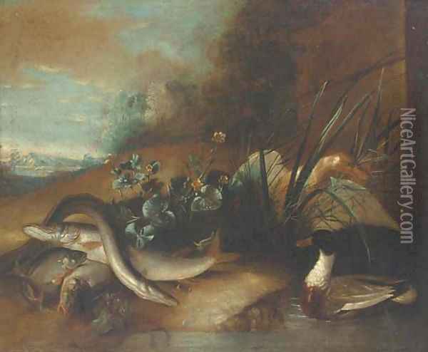Dead fish by a pond with ducks in a wooded clearing Oil Painting - Pieter Casteels III